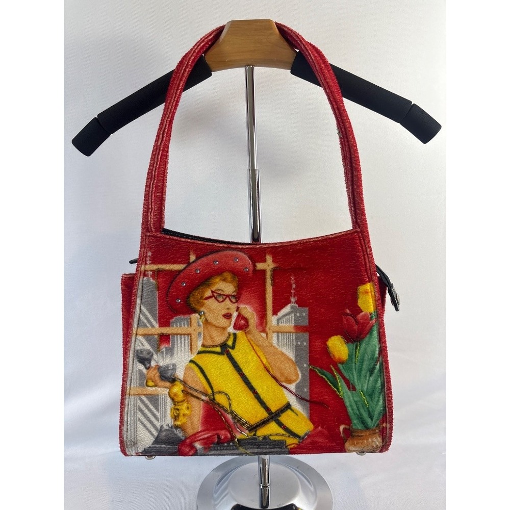 Novelty Print Velvet Handbag Red Retro Pin-Up Lady Beaded Top Handle Purse